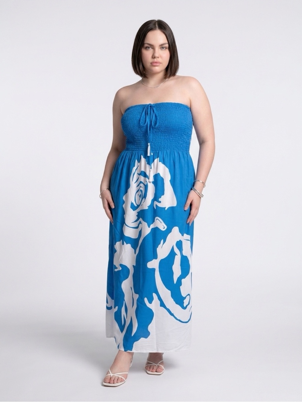 Strapless Blue & White Floral Maxi Dress - Women's